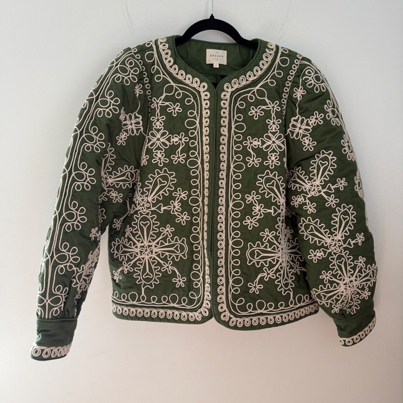 Sézane Jackets & Blazers - Sezane Embroidered Olive Green Quilted Jacket